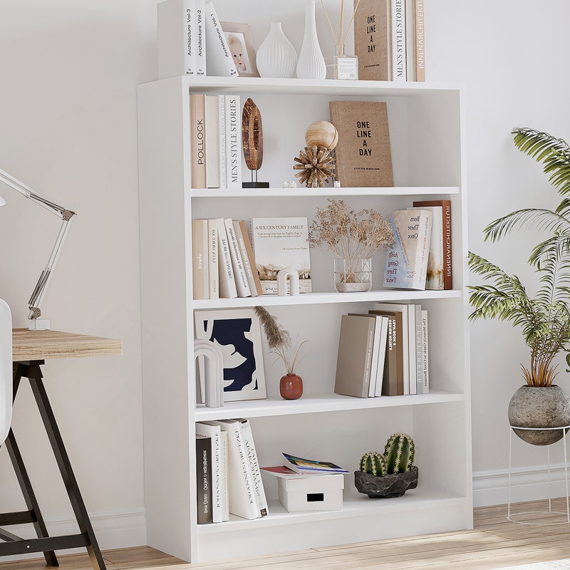 Bibliothèque moderne en bois à 4 tablettes avec tablettes réglables, parfaite pour le rangement dans la chambre à coucher, le bureau et le salon