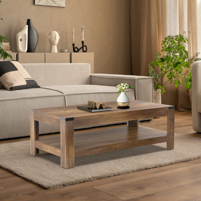 Damika Rectangular Coffee Table with 2-Tier Storage, Rustic Oak