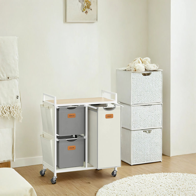 Metal Rolling Laundry Basket with Handles, Natural Beige/Dove Grey/Cream White