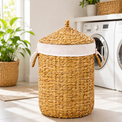 Panier à linge rond en osier avec couvercle et poignées avec doublure amovible