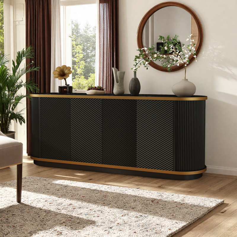 Buffet 63 "en diagonale cannelée avec rangement, Noir