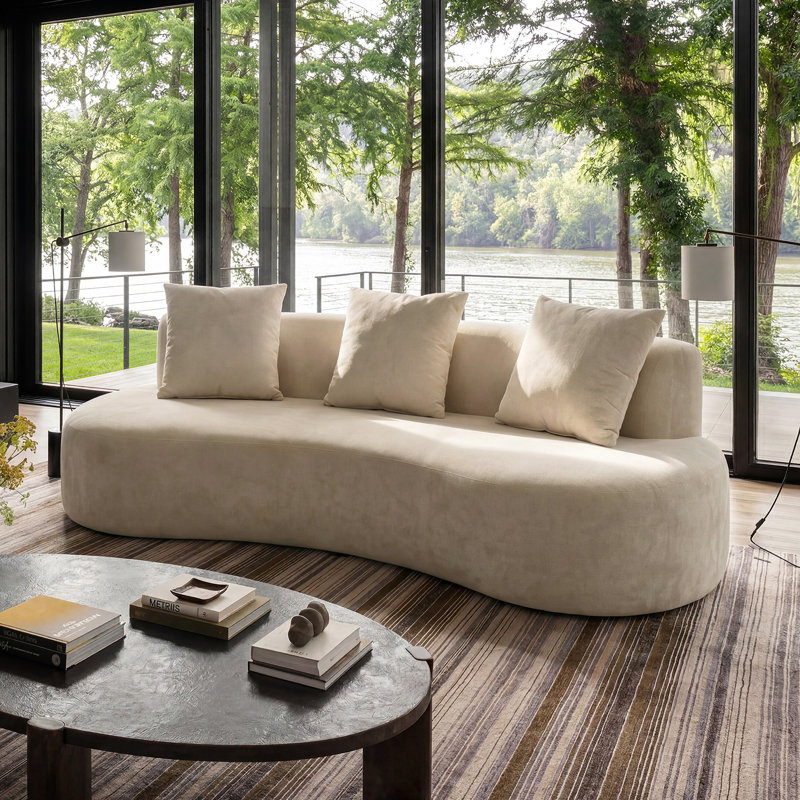 Canapé incurvé moderne en lin 86,6 po avec 2 coussins décoratifs, Blanc