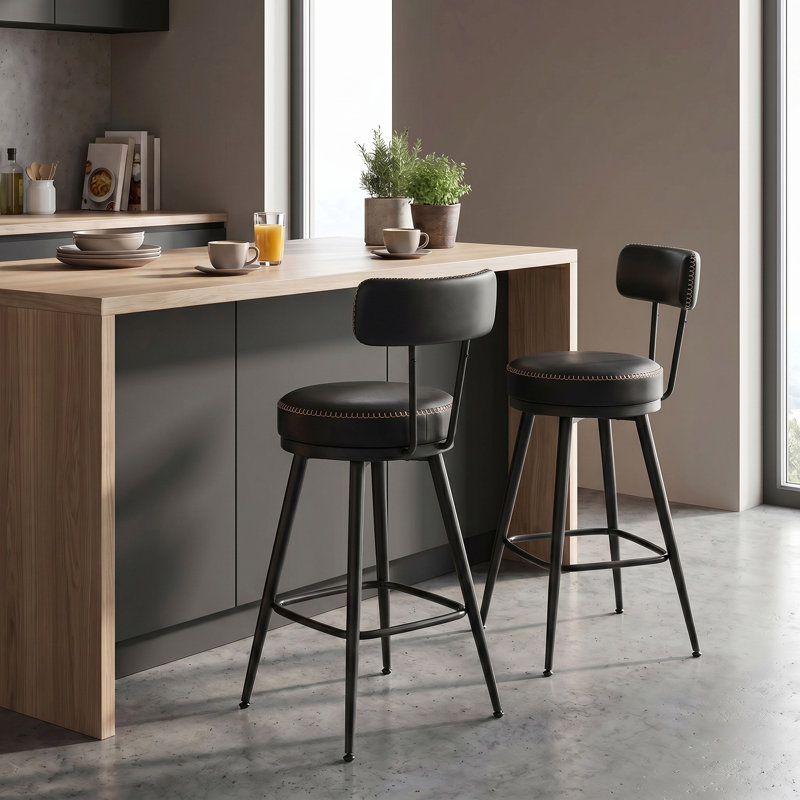 Angelleah Stools with Back, Synthetic Leather, Black, Counter Stool (25.6" Seat Height) 