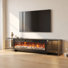 Meuble télé noir lustré de 180 cm avec foyer électrique de 117 cm, portes vitrées et éclairage d'ambiance
