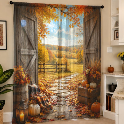 2Pcs Rustic Farmhouse Curtains, Autumn Harvest Scene with Pumpkins and Falling Leaves, Light Filtering Fabric for Living Room, Bedroom, Decor
