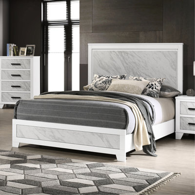 Contemporary White Queen Bed, Faux Marble Design On Panel Headboard, Engineered Wood And Rubberwood Structure, Bedroom Setup Transitional Bed With Hb,