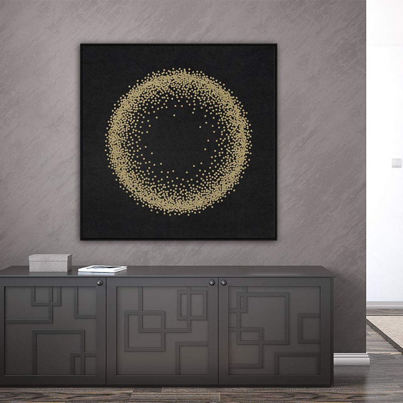 H26, cercle abstrait encadré sur toile, Noir, H 24 po x l 24 po
