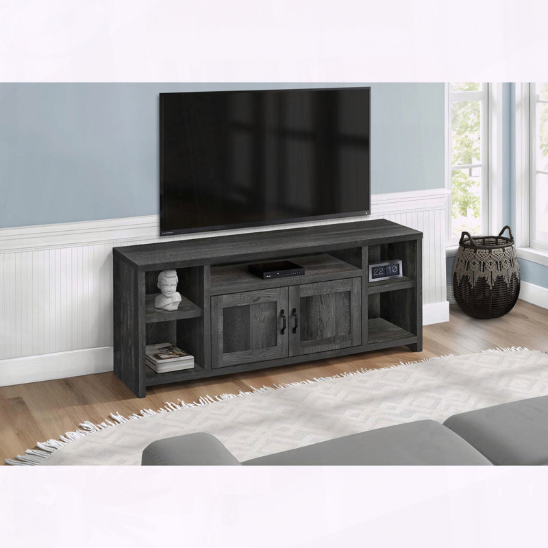 Meuble télé noir avec tablettes réglables et portes de rangement