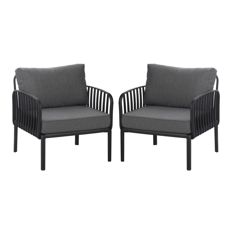 Ensemble de 2 fauteuils club d'extérieur modernes avec coussins de haute qualité pour véranda ou balcon, noir et gris foncé
