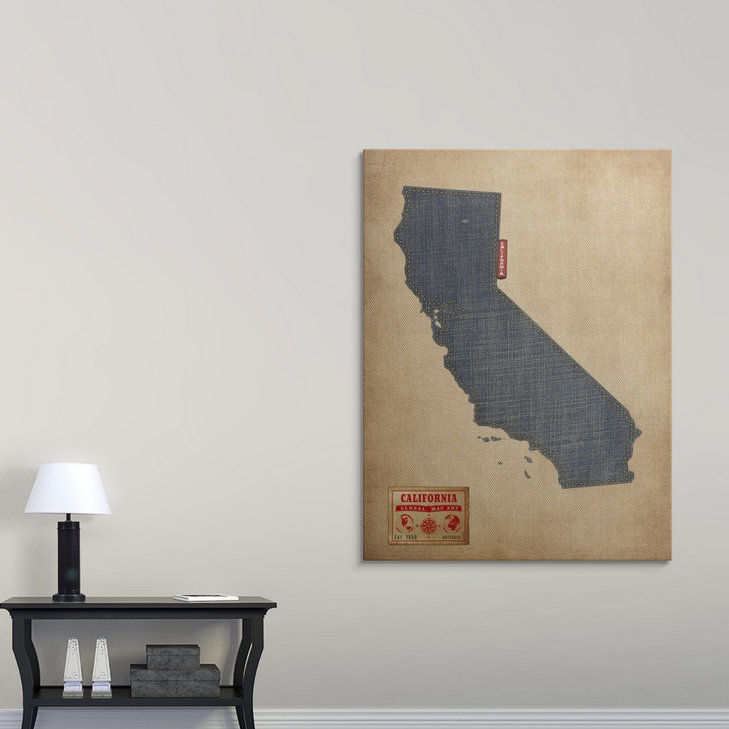 «California Map Denim Jean Style» par Bellen, impression, H 48 po x l 36 po x P 1,5 po, Toile
