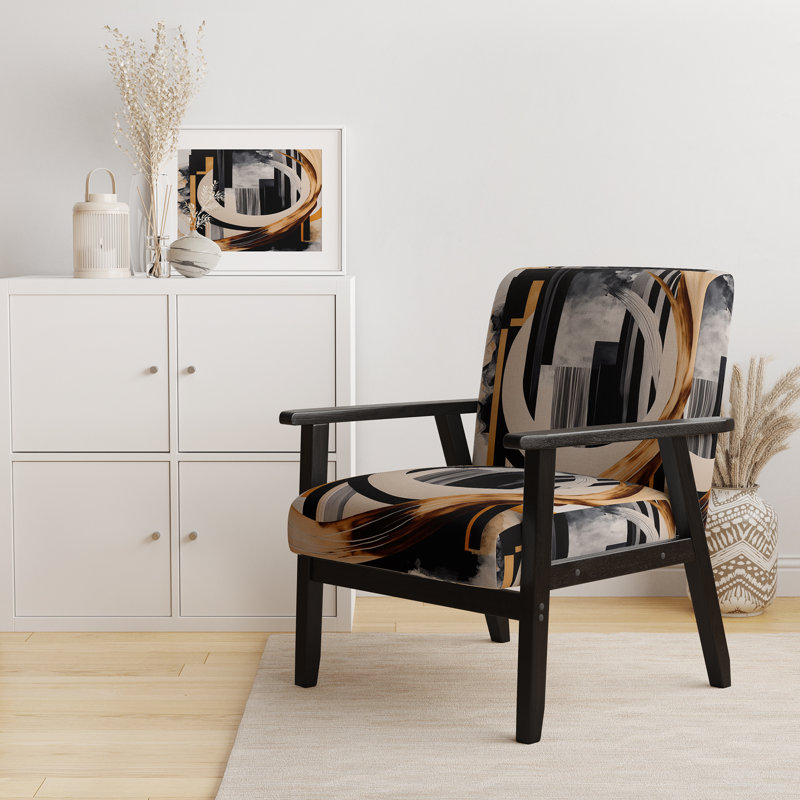 Fauteuil d'appoint et fauteuil moderne rembourrés dorés Art Deco I, Polyester noir / or / ivoire, Accoudoirs carrés noirs