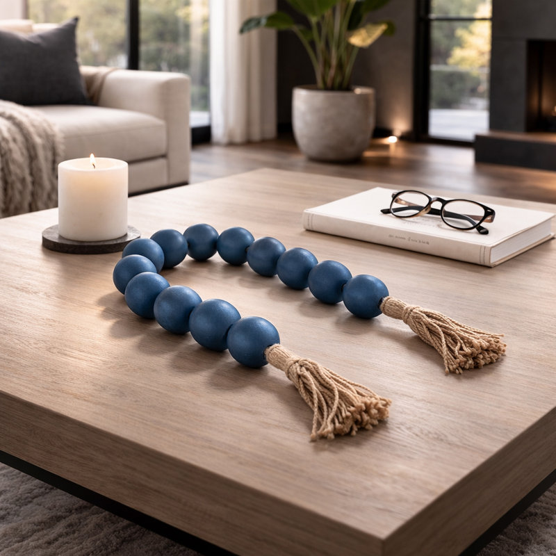 Mango Wood Bead Garland with Jute Tassel - Handcrafted Decorative Accent for Stylish Home Decor, Teal