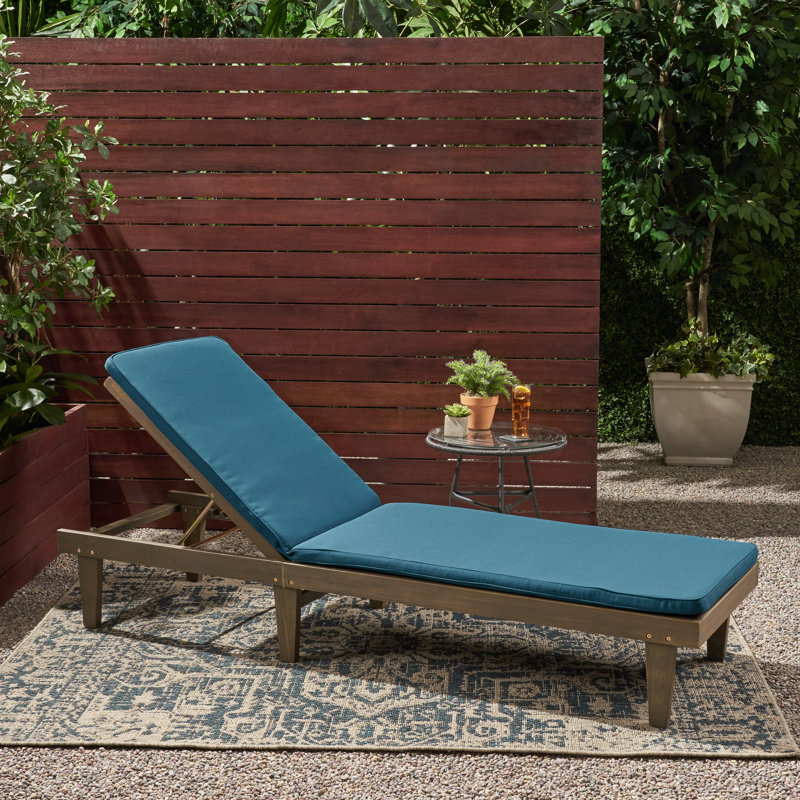 Moulton Outdoor Acacia Wood Chaise Lounge , Cushion Included, Gray Frame / Blue Cushion