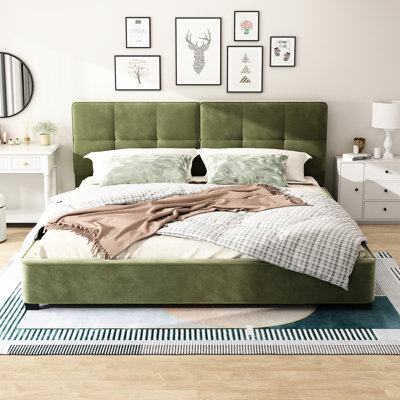 King Size Upholstered Olive Velvet Bed, Curved Headboard, Minimalist Square - Design, Comfortable And Stylish, No Box Spring, 12 Wooden Slats Bed With Color, Symmetry, Center Support, Recline, Spring