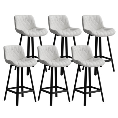 Bar Stools Set of 6, 26 Inch Barstools with Metal Legs, White Leather Farmhouse Upholstered Counter Height Bar Stool for Kitchen, Dining, Bar