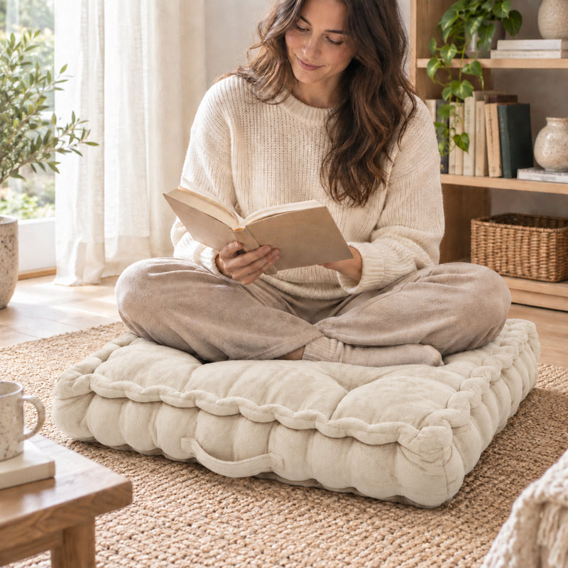 Coussin de sol surdimensionné en chenille capitonnée, fabriqué à la main, avec poignée latérale, Beige