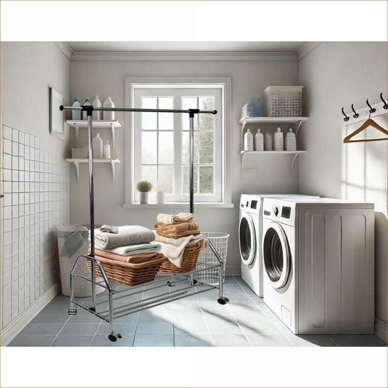  Polished Silver Extendable Bar Chrome Metal Rolling Clothes Coat Rack