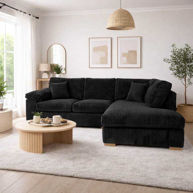 4 Seater Corduroy Sofa & Chaise, Right Hand Facing, Black