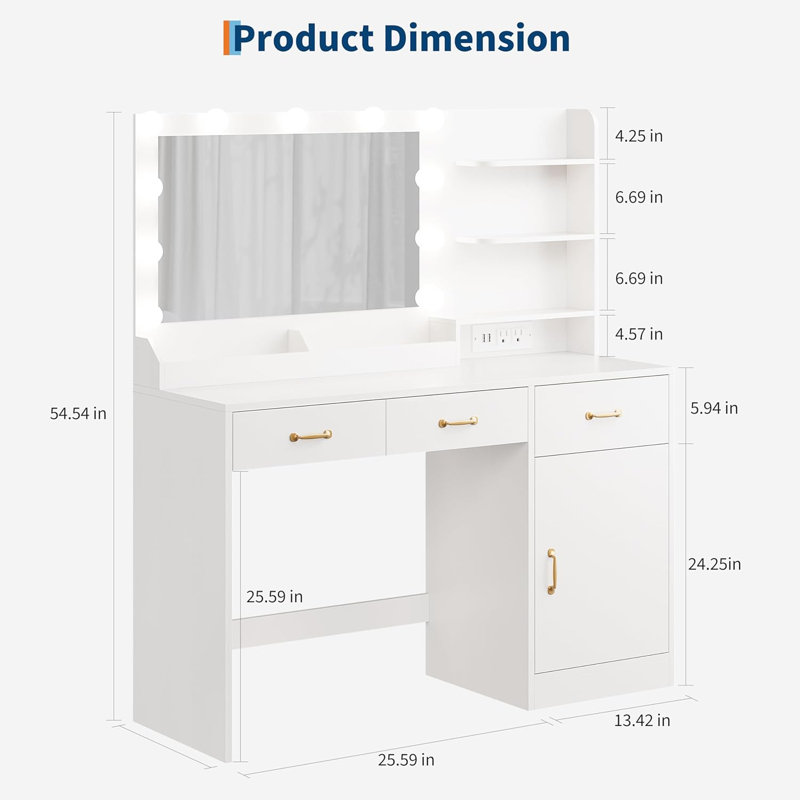 Vanity Desk with Mirror and Lights, Makeup Vanity with Power Outlet, White
