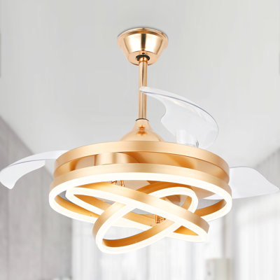 Brynnly 42" Gold Retractable Ceiling Fan with LED Lights, DC Motor Remote 3-Colour 6-Speed for Living Room, Bedroom