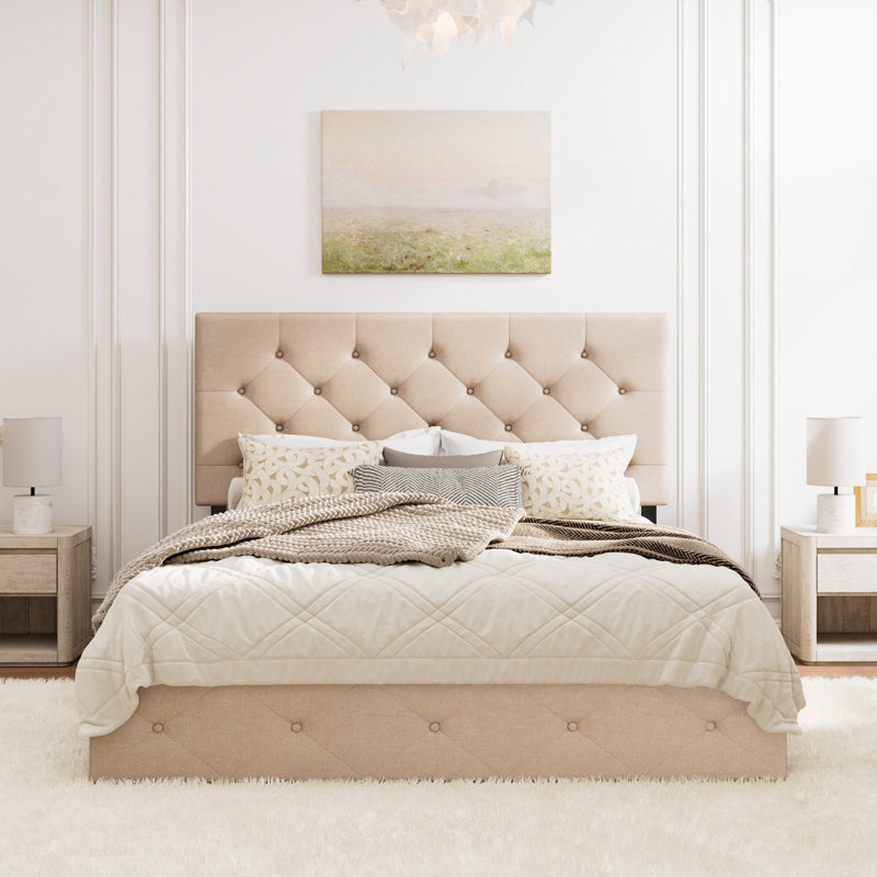 Lit plateforme avec rangement à 4 tiroirs et tête de lit réglable en lin à motif de losanges, Double, Beige