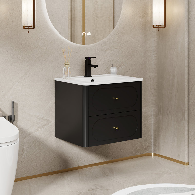 Meuble-lavabo mural 24 po avec comptoir intégré, meuble-lavabo flottant moderne peint à la main avec 2 tiroirs et bords arrondis