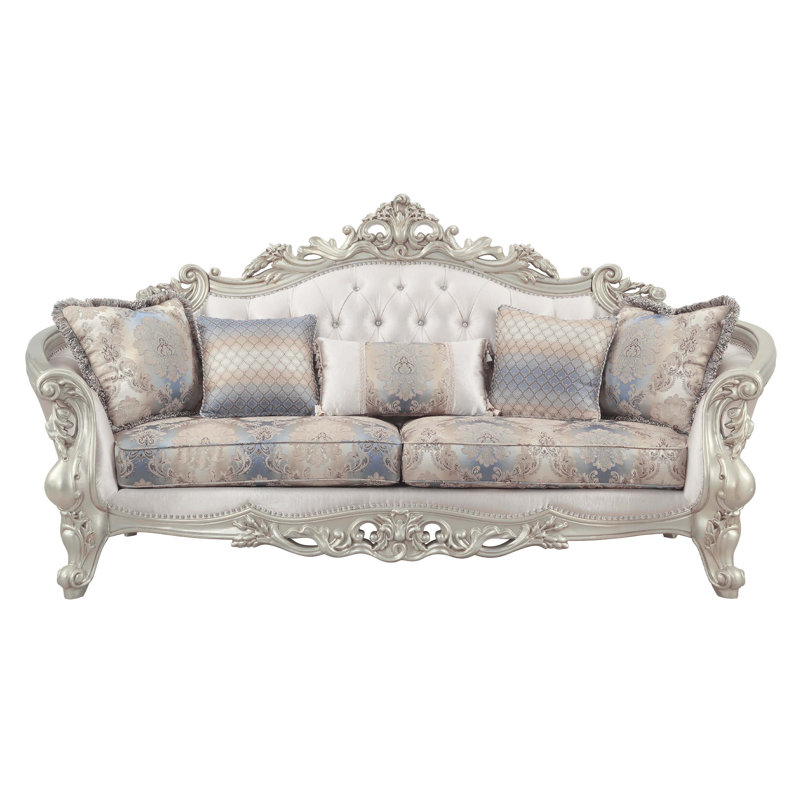 Elegant Antique White Floral Tufted Sofa with Nailhead Trim