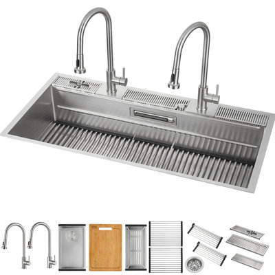 FORNO ACQUA 45 in. Drop-In/Undermount 3-Level Workstation Sink with Two Faucets & Glass Rinser