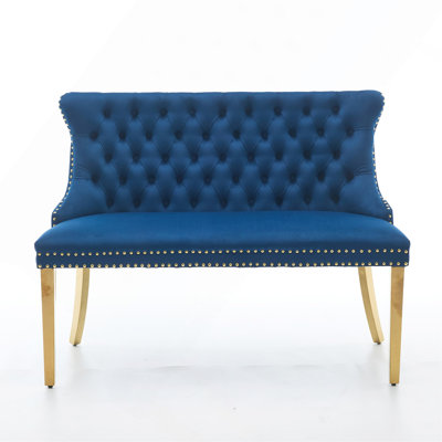 Velvet Double Dining Loveseat Bench, Kitchen & Dining Seating, 2-Seat Tufted Bench w/Handmade Buttons, Wing Back, Gold-Plated Steel Legs, Mid Century Modern,Single Pack,Blue