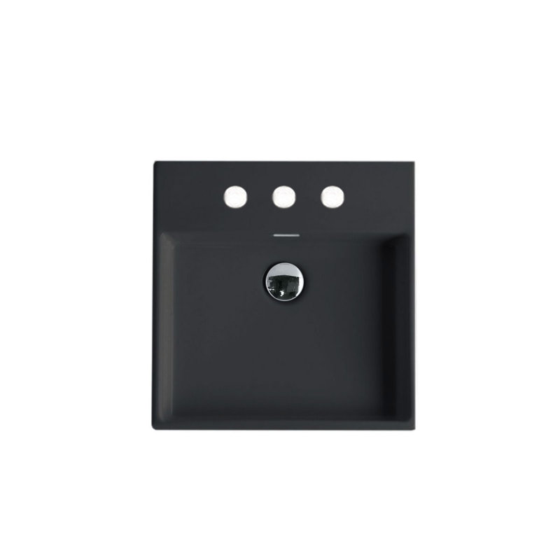WS Bath Collections Plain 17.7'' Matte Black Ceramic Square Bathroom Sink with Overflow, 8" Centers