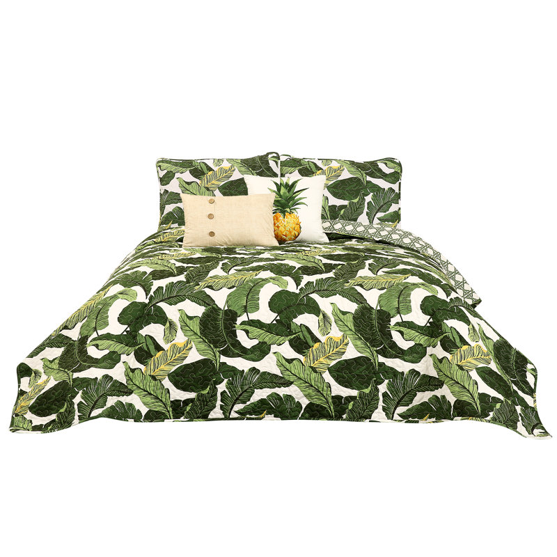 King White and Green Microfiber Reversible Quilt Set