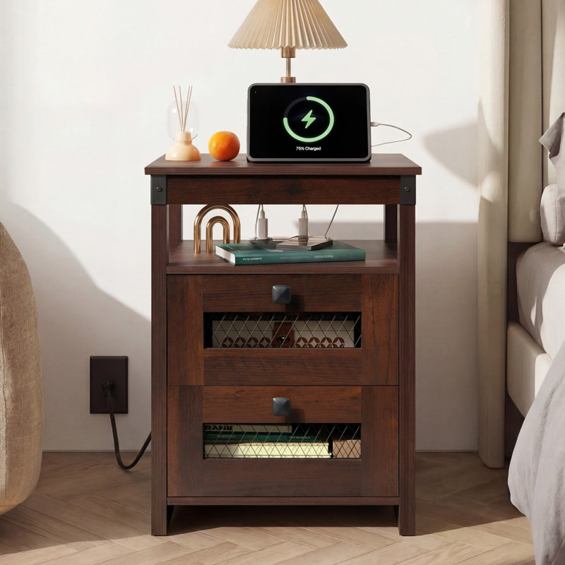 Table de chevet Gracie Oaks avec charge, prises USB et CA, table de chevet étroite rustique avec 2 tiroirs, table de chevet avec compartiment ouvert pour le salon, chambre à coucher