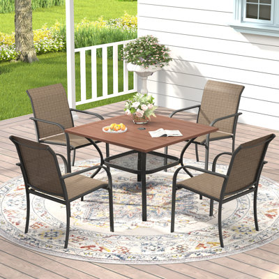 4-Person Patio Dining Set with Square Metal Dining Table and Stackable PVC-coated polyester Armrest Chairs