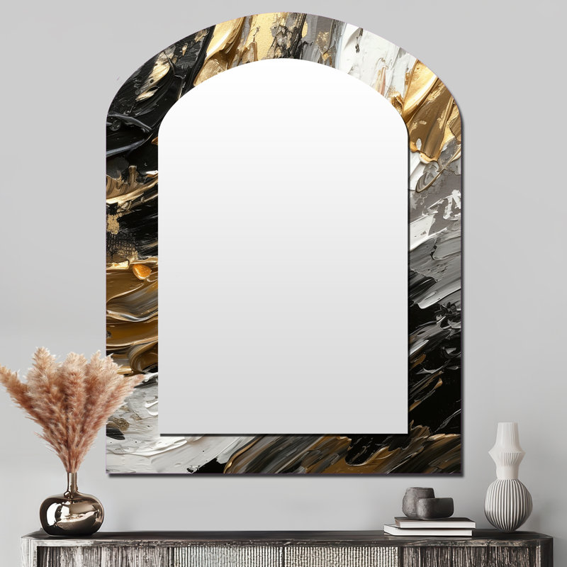 Imminent Bliss Bold Textured Gold and Black V - Abstract Painting Asymmetrical Unique Wall Mirror, Modern Unique Shape Mirror, Printed Metal Art