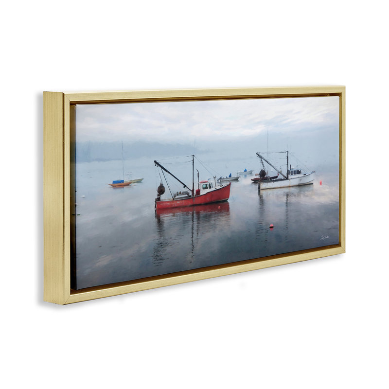 «Boat Harbor Seascape», art mural encadré par Lori Deiter, H 11 po x l 25 po, Cadre flottant métallique doré