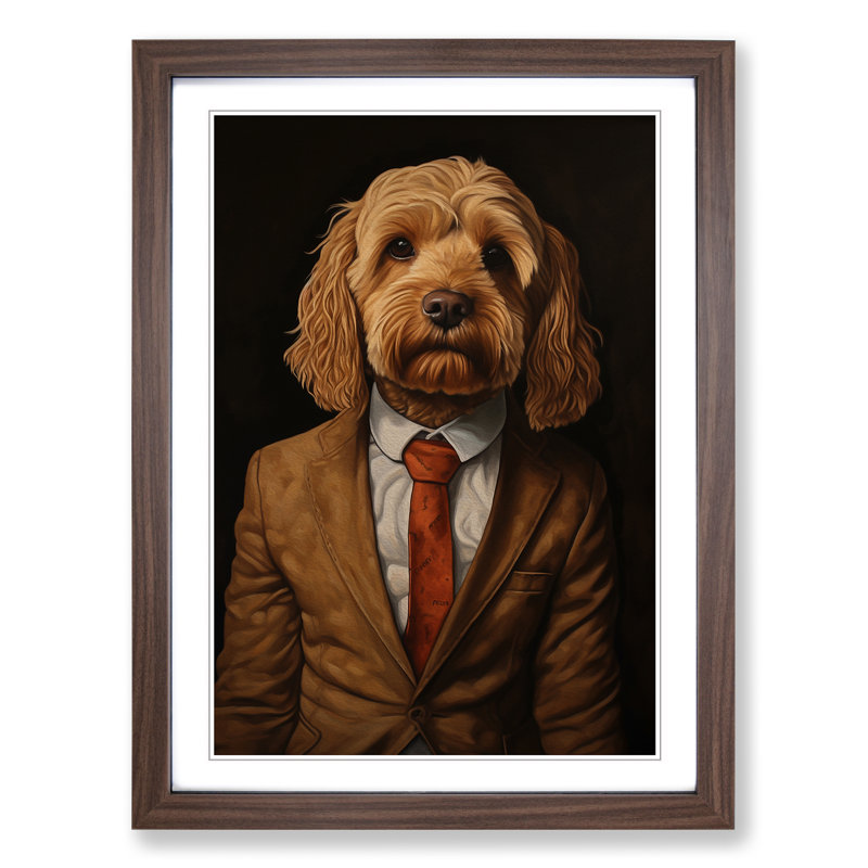Cockapoo In A Suit No.3 - Single Picture Frame Print on Wood, 46cm H x 34cm W x 2cm D, Walnut 