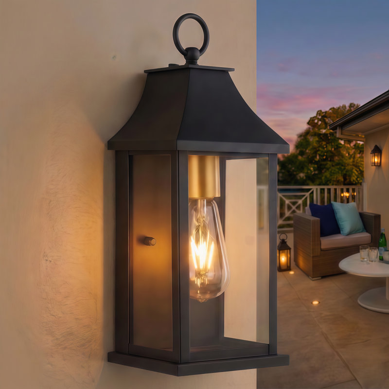 1 - Light 15''H Black And Gold Iron ETL Outdoor Wall Light with Tempered Glass and Dusk to Dawn, Matte Black/Gold