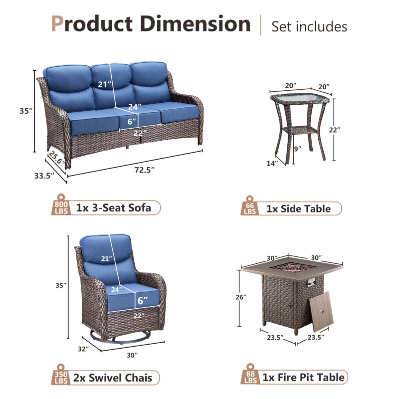 Ensemble de meubles de patio en résine tressée avec table de foyer, chaises de patio pivotantes en rotin PE avec table de foyer au propane, ensemble de conversation de patio en osier brun 5 pièces