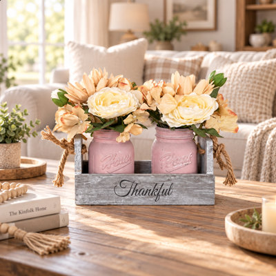 Farmhouse Mason Jar Floral Centerpiece with Thankful Wooden Box, Pink Jars & Faux Flowers