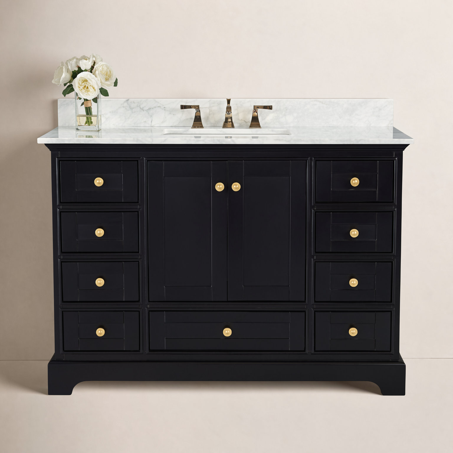 Varna 48'' Single Bathroom Vanity, Black Onyx/Brushed Gold, Carrara White Marble