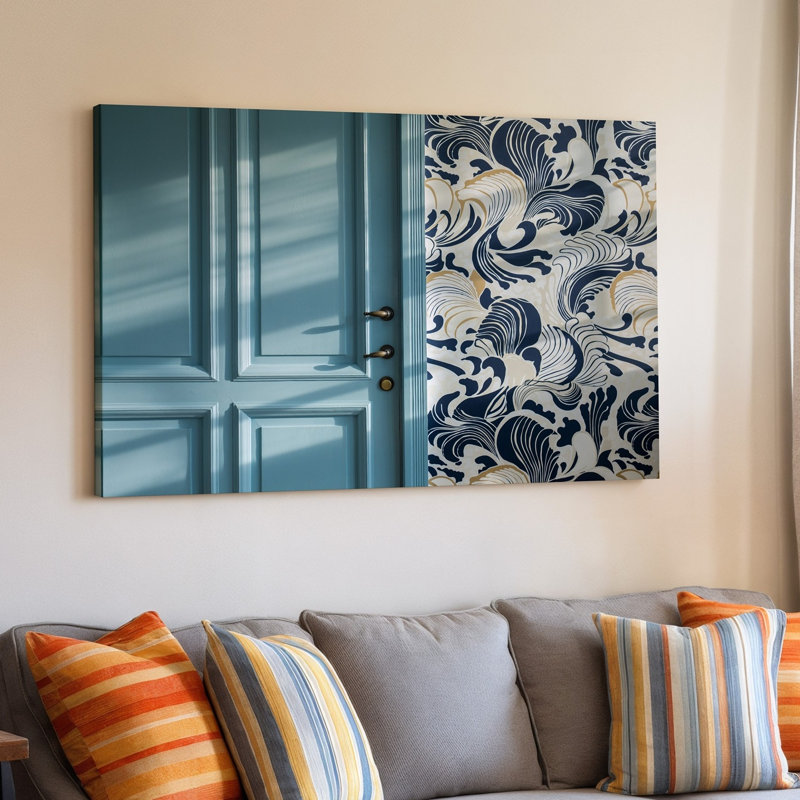 Toile, une élégante scène intérieure avec une porte bleue claire et un art mural, H 9 po x l 12 po