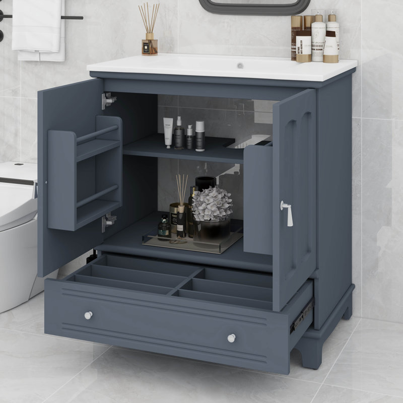 30 Inch Bathroom Vanity With Sink: Solid Wood Frame Modern Bathroom Cabinet With Adjustable Shelf & Drawer Divider, Blue