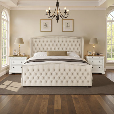3 Pieces Classic Vintage And Contemporary Queen Bedroom Set, Cream