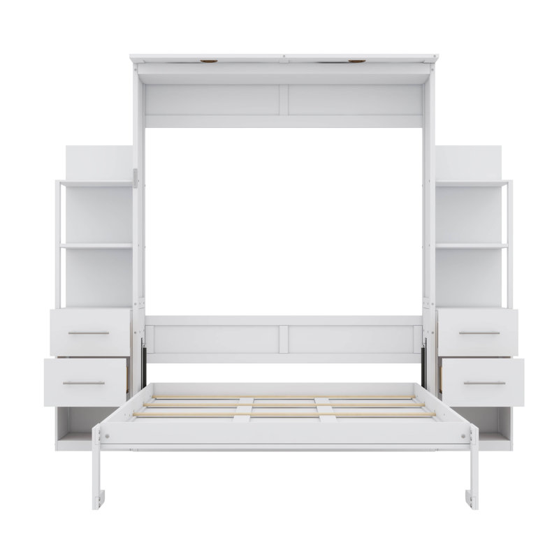 Grand lit escamotable mural avec tablettes intégrées, tiroirs et éclairage décoratif