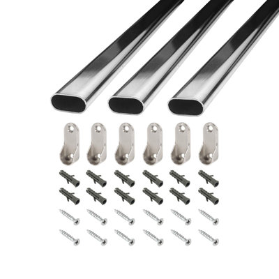2 Feet Long Steel Oval Closet Rod With Hanging Brackets, Wall Anchors, Screws | Polished Chrome Finish | Complete Installation Kit (3 Pack)