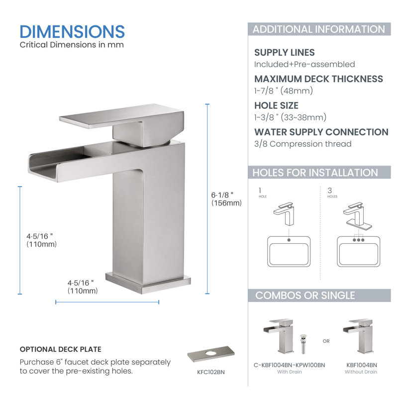 Robinet pour salle de bain à un trou Waterfall, Nickel brossé, Avec ensemble de drain