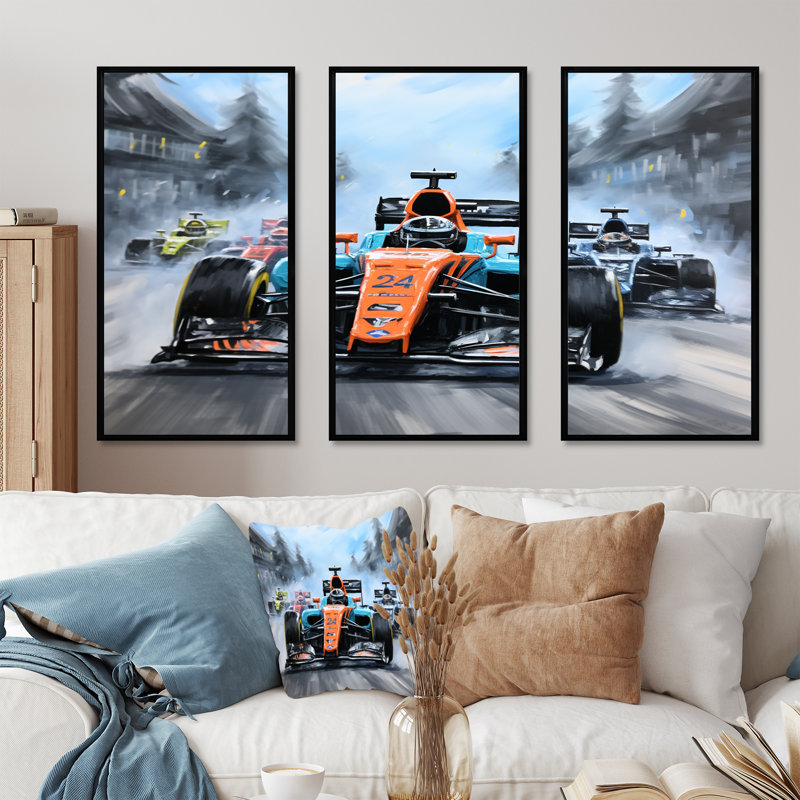 Orange et bleu, voiture de course, art mural, H 28 po x l 36 po x P 1 po, Cadre flottant noir