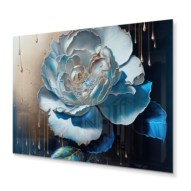 Décoration murale vibrante en camélia bleu II - Floral et botanique en métal, H 16 po x l 32 po