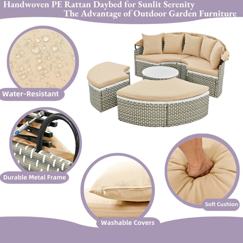 All-Weather Patio Daybed Sectional Set with Retractable Canopy & Adjustable Table