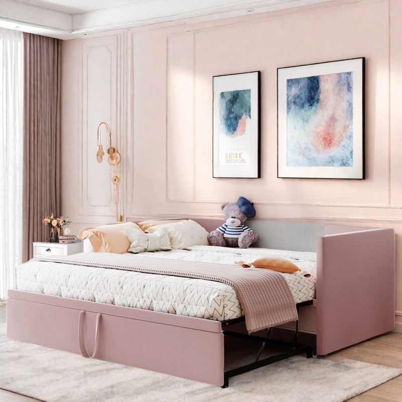 Upholstered Daybed With Pop Up Trundle, Pink